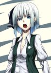  blue_eyes flat_chest hiroya_juuren konpaku_youmu open_clothes open_mouth open_shirt shirt short_hair solo touhou white_hair 