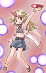  alcohol alternate_costume armpits blonde_hair contemporary cup flat_chest horn hoshiguma_yuugi kugelschreiber long_hair pointy_ears red_eyes sakazuki sake sandals solo touhou 