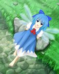  bad_id bad_pixiv_id barefoot blue_eyes blue_hair bow cirno cover-d dress hair_bow short_hair solo touhou water wings 