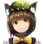  :3 animal_ears bad_id bad_pixiv_id bow bowtie brown_hair cat_ears chen face hat nauribon red_eyes smile solo touhou 
