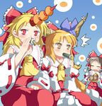  3girls =_= bad_id bad_pixiv_id blush cosplay detached_sleeves eating food fruit fruit_background green_tea hakurei_reimu hakurei_reimu_(cosplay) horn horns hoshiguma_yuugi ibuki_suika konata_gazel makizushi mandarin_orange mouth_hold multiple_girls oni pointy_ears setsubun sigh sushi tea tears touhou 