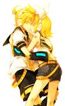  1girl blonde_hair brother_and_sister closed_eyes hair_ornament hair_ribbon hairclip headphones hug incest kagamine_len kagamine_rin kiss noses_touching ribbon short_hair shorts siblings simple_background smile twincest twins vocaloid yukkii 