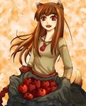  animal_ears apple brown_hair dtcy food fruit holo long_hair pouch red_eyes solo spice_and_wolf tail wolf_ears wolf_tail 