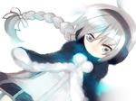  braid coat earmuffs long_hair ponytail sekka_yufu silver_eyes silver_hair simple_background solo tsunoyomogi_amahashi utau 