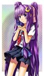  alternate_costume alternate_hairstyle alto-00 bow crescent crescent_hair_ornament hair_bow hair_ornament hair_ribbon hands_clasped highres long_hair multi-tied_hair own_hands_together patchouli_knowledge purple_eyes purple_hair ribbon school_uniform solo touhou tress_ribbon two_side_up very_long_hair 