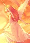  angel_wings blonde_hair dress flower from_behind futaba_jun hair_flower hair_ornament long_hair original see-through skirt_hold solo sunset wading water wings 