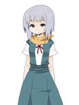  ayanami_rei ayanami_rei_(cosplay) blue_eyes bow cosplay jorin kannagi_noel neon_genesis_evangelion parody ribbon scarf school_uniform short_hair silver_hair simple_background skirt solo sora_no_woto 