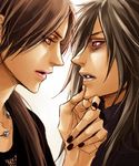  black_nails chin_grab eye_contact from_side jewelry lily_(artist) lips looking_at_another lowres male_focus multiple_boys nail_polish naruto naruto_(series) necklace parted_lips red_eyes uchiha_itachi uchiha_madara yaoi 