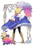  alice_margatroid bad_id bad_pixiv_id black_legwear blonde_hair blue_eyes boots cross-laced_footwear dress dress_lift flower garter_straps hairband knee_boots lace-up_boots leaf rose ruchi short_hair solo thighhighs touhou 