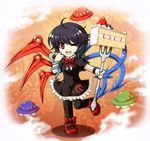  ahoge bad_id bad_pixiv_id black_hair black_legwear cake cetera dress fang flower food fork fruit houjuu_nue mary_janes no_pupils one_eye_closed oversized_object red_eyes shoes short_hair slice_of_cake snake solo strawberry strawberry_shortcake thighhighs touhou ufo wings 