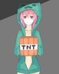  1girl collarbone grey_background minecraft naked_hoodie navel no_bra no_pants personification pink_eyes pink_hair ryotaruu simple_background smile solo sweater tnt 