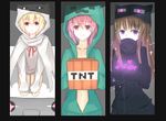  3girls black_shirt blonde_hair brown_hair collarbone cosplay creeper enderman ghast green_sweater hat minecraft multiple_girls navel pink_eyes pink_hair purple_eyes red_ribbon ribbon ryotaruu shirt skirt sweater tnt 