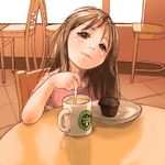  1girl black_eyes blush brown_hair chair child coffee company_name cup drink food head_tilt logo looking_at_viewer muffin mug pink_shirt plate restaurant shirt sitting smile solo spoon starbucks stdl stirring table tile_floor 