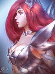  armor breasts brown_eyes cleavage erza_scarlet fairy_tail highres long_hair medium_breasts profile raikoart red_hair solo weapon 