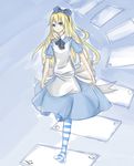  alice_liddell apron blonde_hair blue_eyes blue_ribbon bow card dress hair_bow hair_ornament heart_no_kuni_no_alice long_hair ribbon ryotaruu skirt socks solo striped_legwear thighhighs 