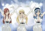  3girls :&lt; arms_up blonde_hair blue_hair breasts cleavage dress earrings elbow_gloves erza_scarlet fairy_tail gloves hair_over_one_eye hat jewelry juvia_loxar looking_at_viewer lucy_heartfilia mashima_hiro multiple_girls official_art open_mouth red_hair smile twintails white_gloves 