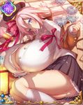 1girl artist_request blue_eyes blush breasts bursting_breasts condom female gigantic_breasts legwear looking_at_viewer lying mouth_hold official_art pink_hair sengoku_bushouki_muramasa sexually_suggestive shiny_skin skirt solo 