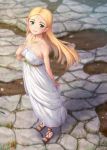  1girl arm_behind_back bare_arms bare_shoulders blonde_hair blush bracelet breasts brown_footwear cleavage collarbone dated dress forehead from_above full_body grass green_eyes jewelry long_hair looking_at_viewer looking_up medium_breasts miyai_sen necklace nintendo outdoors parted_lips pointy_ears princess_zelda sandals smile solo standing stone_floor strapless strapless_dress the_legend_of_zelda the_legend_of_zelda:_breath_of_the_wild thick_eyebrows white_dress 