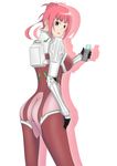  1girl armor artist_request ass bodysuit breasts female from_behind gloves hair_bun ken_marinaris large_breasts looking_at_viewer open_mouth parted_lips pink_eyes pink_hair seaz shadow solo thighhighs zone_of_the_enders zone_of_the_enders_2 