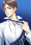  1boy brown_hair eren_yeager green_eyes male_focus muscle naughty_face neck_tie pov shingeki_no_kyojin solo undressing 