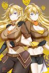  2girls ahoge alfred_cullado asymmetrical_legwear belt black_gloves black_shorts blonde_hair breasts brown_jacket brown_pants buckle cleavage dual_persona ember_celica_(rwby) fingerless_gloves gloves highres jacket kneehighs large_breasts long_hair mechanical_arm midriff multiple_girls orange_scarf over-kneehighs pants prosthesis prosthetic_arm puffy_short_sleeves puffy_sleeves purple_eyes rwby scarf shell_casing shirt short_sleeves shorts smile strapless thighhighs tubetop waist_cape wavy_hair yang_xiao_long yellow_shirt 