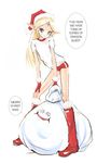  1girl bag blonde_hair boots christmas christmas_elf dragon_quest elf gloves gym_uniform hard_translated hat kanii_rate long_hair long_legs pointy_ears red_gloves sack santa_costume santa_hat single_vertical_stripe skinny translated 