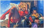  1girl against_wall angel_wings blonde_hair blue_hair blue_sky boots breasts breath_of_fire breath_of_fire_iii chuck_pires commentary covered_nipples crossed_arms crossed_legs dress large_breasts lying nina_(breath_of_fire_iii) on_back open_mouth platform_footwear platform_heels red_dress red_footwear ryuu_(breath_of_fire_iii) shoes short_dress sitting sky sleeping sleeping_upright taut_clothes wall wings 