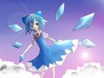  bags blue_eyes blue_hair bow cirno cloud dress fairy fairy_wings gradient gradient_background hair_bow highres large_bow lens_flare red_ribbon ribbon ryotaruu short_hair sky solo touhou wings 