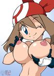  blue_eyes breasts brown_hair colored erect_nipples gloves haruka_(pokemon) large_breasts looking_at_viewer navel nipple_tweak nude pokemon red_bandana smile source_request wink 