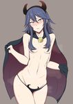  alternate_costume animal_band_panties blue_eyes blue_hair blush breasts breath cape convenient_censoring embarrassed fake_horns fire_emblem fire_emblem:_kakusei groin hair_censor hair_over_breasts long_hair lucina naked_cape navel panties small_breasts solo super_smash_bros. sweat tiara topless underwear underwear_only yuguraniru 