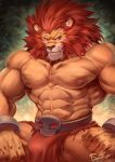  2019 abs anthro biceps clothing felid hi_res leo_(red_earth) lion male mammal muscular nipples pantherine pecs rabbity red_earth simple_background solo video_games 