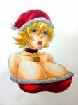  1girl blonde_hair breasts christmas female hat huge_breasts igawa_sakura large_breasts lilith-soft open_mouth smile taimanin_asagi tongue tongue_out traditional_media wrato 