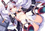  1girl animal_ears ass azur_lane bare_shoulders bikini black_gloves breasts bunny_ears cannon cleavage clenched_hands commentary_request elbow_gloves eyebrows_visible_through_hair fake_animal_ears from_below gloves hair_between_eyes hairband ichigo_seika jacket jitome laffey_(azur_lane) long_hair micro_bikini midriff miniskirt navel open_clothes open_jacket open_mouth pleated_skirt red_eyes red_hairband silver_hair skirt sleeveless small_breasts spread_legs stomach swimsuit thighhighs thighs twintails underboob very_long_hair white_legwear 
