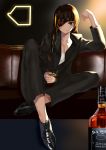  absurdres alcohol artist_request black_hair braided_ponytail breasts cleavage couch eyepatch formal girls_frontline glass highres ice ice_cube jack_daniel&#039;s legs_crossed m16a1_(girls_frontline) no_socks shoes suit 