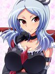  1girl aokura_shou bare_shoulders blue_hair blush breasts eas female fresh_precure! gloves higashi_setsuna highres hood large_breasts looking_at_viewer precure red_eyes short_hair shorts smile solo 