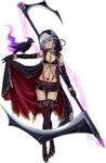  1girl animal bird crow death_(monster_musume) hood monster_girl monster_musume_no_iru_nichijou monster_musume_no_iru_nichijou_online red_eyes scythe short_hair shorts smile standing tattoo weapon 