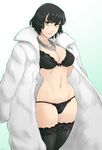  artist_name bangs black_bra black_hair black_legwear black_panties bra breasts fubuki_(one-punch_man) fur_coat green_eyes highres ittla jewelry large_breasts looking_at_viewer navel necklace one-punch_man panties short_hair smile solo thighhighs underwear underwear_only 