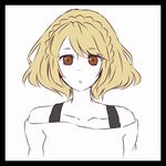  1girl animated animated_gif bare_shoulders black_border blonde_hair border brown_eyes face portrait shicchi_no_gensei_rin simple_background smile solo upper_body white_background 