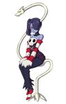  1girl bare_shoulders blue_skin detached_collar detached_sleeves ganno hair_over_one_eye leviathan_(skullgirls) red_eyes side_ponytail sitting skullgirls squigly_(skullgirls) stitched_mouth stitches striped_legwear striped_sleeves thighhighs zombie zombie_girl 