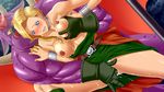  1girl areolae belt bianca blonde_hair blue_eyes blush breast_grab breasts breasts_outside clenched_teeth dragon_quest dragon_quest_v earrings fingering gloves grabbing highres inja_no_kuruwa jewelry lactation large_breasts leg_up legs long_hair looking_down monster nipples panties pussy_juice rape standing teeth thighs underwear wet 