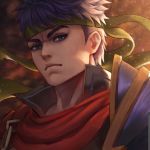  1boy armor blue_eyes blue_hair cape fire fire_emblem fire_emblem:_akatsuki_no_megami fire_emblem:_souen_no_kiseki headband ike kaejunni looking_at_viewer male_focus nintendo older short_hair shoulder_armor simple_background smile solo 