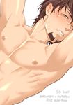  1boy abs bara blush brown_hair fujiyako kaburagi_t_kotetsu looking_at_viewer male_focus muscle nipples pecs solo sweat tiger_&amp;_bunny topless yaoi 