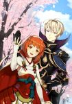  1boy 1girl armor blonde_hair blush book cape couple dress earrings european_clothes fire_emblem fire_emblem_heroes fire_emblem_if flower gloves hair_ornament hairband japanese_clothes jewelry kero_sweet leon_(fire_emblem_if) nintendo open_mouth pink_hair red_eyes red_hair sakura_(fire_emblem_if) short_hair simple_background smile tiara 