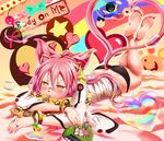  absurdres animal_ears ass bad_id bad_pixiv_id balloon barefoot black_panties blazblue blush cat_ears cat_tail english feet_up gegugaigu glasses hair_between_eyes heart highres jewelry kokonoe long_hair looking_at_viewer lying mouth_hold nail_polish on_stomach panties pillow pink_hair pink_nails ring short_eyebrows soles solo tail underwear yellow_eyes 