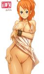  10hmugen 1girl artist_name black_eyes blush bracelet breast_hold breasts dated dress dress_lift earrings female hand_on_thigh jewelry log_pose long_hair nami_(one_piece) nipples one_piece orange_hair ponytail pussy see-through signature simple_background smile solo uncensored white_background 