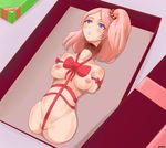  1girl amputee blood blue_eyes bow box breasts decapitation empty_eyes gift limbless long_hair nipples nude on_back pink_hair present quadruple_amputee ribbon severed_head side_ponytail solo 