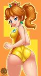  1girl ass blue_eyes brown_hair crown jewelry looking_back mario_&amp;_sonic_at_the_olympic_games mario_&amp;_sonic_at_the_rio_2016_olympic_games mario_and_sonic_at_the_olympic_games nintendo ponytail princess_daisy revtilian smile solo super_mario_bros. super_mario_land 