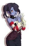  1girl bare_shoulders blue_skin blush detached_collar detached_sleeves ganno hair_over_one_eye red_eyes skullgirls squigly_(skullgirls) stitched_mouth stitches striped_sleeves twintails zombie 