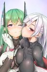  2girls artist_request blush breast_press breasts character_request green_hair large_breasts long_hair masuo multiple_girls pink_eyes red_eyes source_request taut_clothes white_hair 