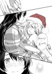  ayase_eli blush christmas comic commentary_request english greyscale hat highres holding holding_hands holding_ring hood hoodie jewelry long_hair love_live! love_live!_school_idol_project merry_christmas monochrome multiple_girls putting_on_jewelry ring santa_hat sonoda_umi spot_color yukiiti yuri 